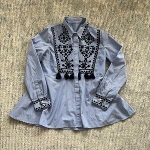 Zara Blue and Black Embroidered Button Down Shirt